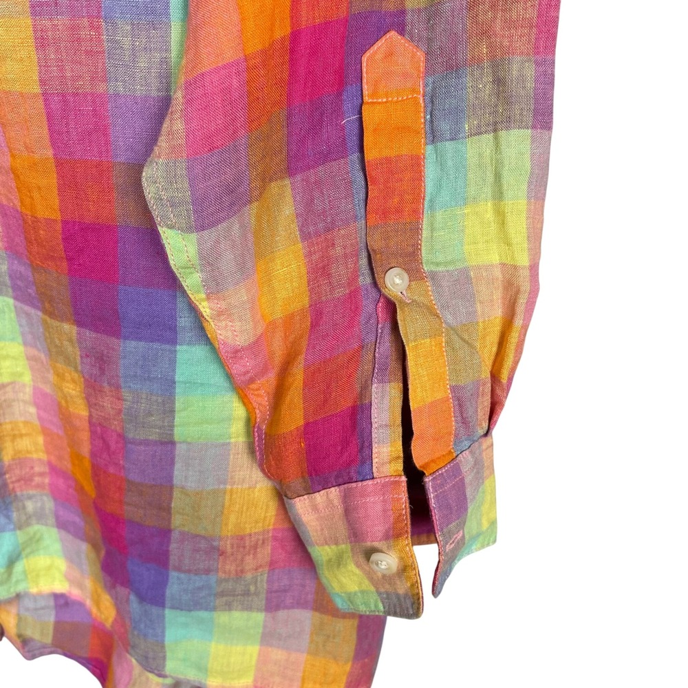 Lands End Linen Shirt Womens 1X Rainbow Madras Plaid Button Down Colorful Preppy - Picture 8 of 11
